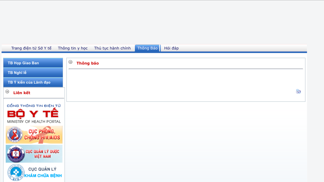 Giao diện chính của website Sở Y tế thường bị “đơ” không hiển thị,  còn mục “Thông báo”  thì bỏ trống