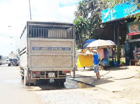 Tắm rửa heo trên tuyến quốc lộ 1, thuộc địa bàn ấp Hưng Nhơn, xã Hưng Lộc, huyện Thống Nhất.