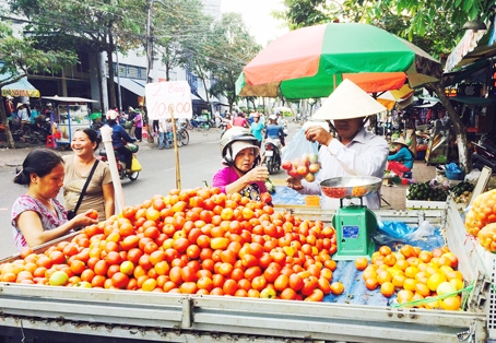 Xe đẩy rong bán củ, quả với giá rẻ bất ngờ.