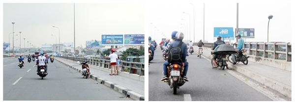Một số người dân dừng xe trên cầu Đồng Nai để hóng mát, trò chuyện có thể gây nguy hiểm cho các phương tiện khác đang lưu thông. (Ảnh chụp vào ngày 2-5).