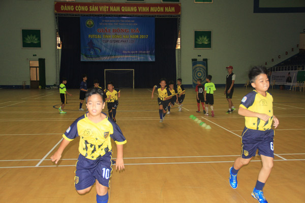 Các cầu thủ nhí đội TP.Biên Hòa đang tập luyện tại nhà thi đấu Trung tâm Huấn luyện và thi đấu TDTT tỉnh.