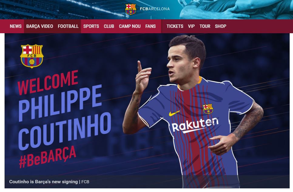 Ảnh Coutinho trên trang chủ của Barca.