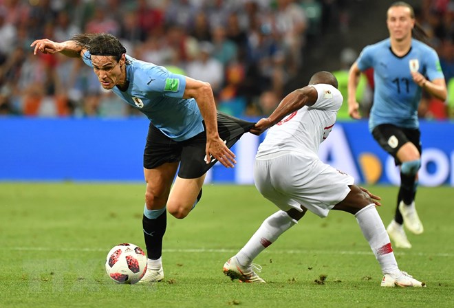 Tuyển thủ Uruguay Edinson Cavani (trái) đã ghi cả hai bàn thắng cho đội nhà. (Ảnh: THX/TTXVN)