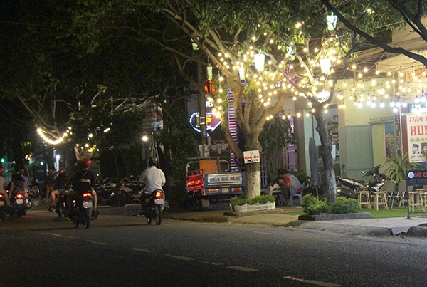 Tương tự, trên tuyến đường Phan Trung (TP.Biên Hòa), cây xanh công cộng cũng bị các hàng quán chiếm dụng để giăng đèn nhấp nháy, đèn trang trí…