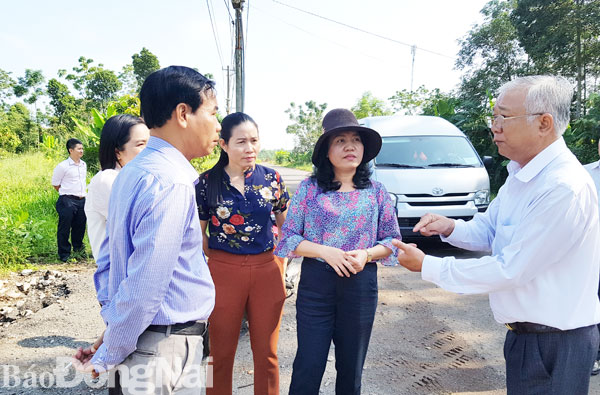 Đoàn giám sát của Ban Pháp chế HĐND tỉnh giám sát việc thực hiện quản lý nhà nước trên lĩnh vực xây dựng tại huyện Thống Nhất. Ảnh: P.Tùng)