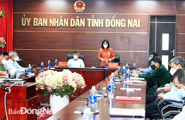 Phó chủ tịch UBND tỉnh Nguyễn Thị Hoàng báo cáo tình hình dịch bệnh tại Đồng Nai