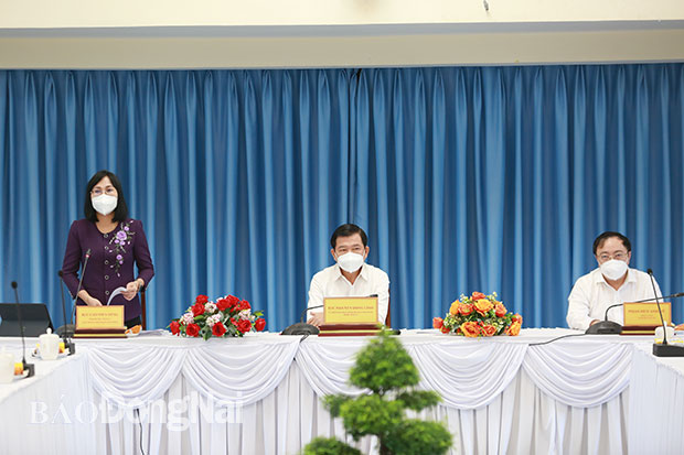 Phó chủ tịch UBND tỉnh NguyễnThị Hoàng phát biểu tại hội nghị. Ảnh: Huy Anh