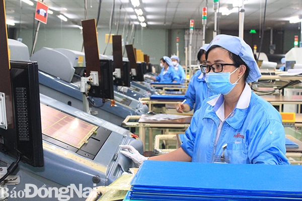 Người lao động Công ty TNHH Sản phẩm máy tính Fujitsu Việt Nam (KCN Biên Hòa 2, TP.Biên Hòa) sản xuất 3 tại chỗ. Ảnh: HẠNH DUNG