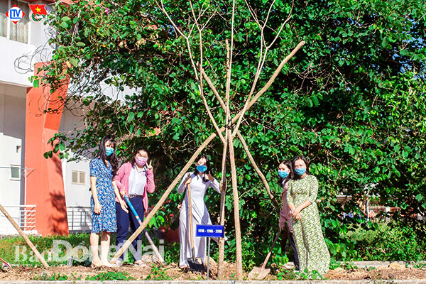 Giáo viên, học sinh Trường THPT chuyên Lương Thế Vinh tham gia trồng cây trong khuôn viên trường. Ảnh: NVCC