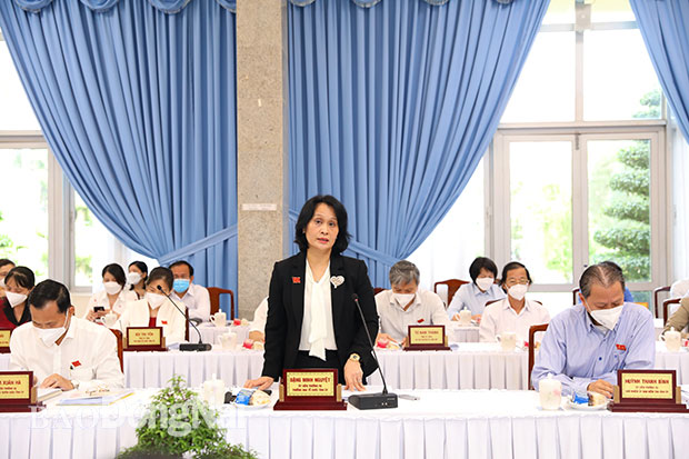 Ủy viên Ban TVTU, Trưởng ban Tổ chức Tỉnh ủy Đặng Minh Nguyệt phát biểu tại hội nghị. Ảnh: Huy Anh