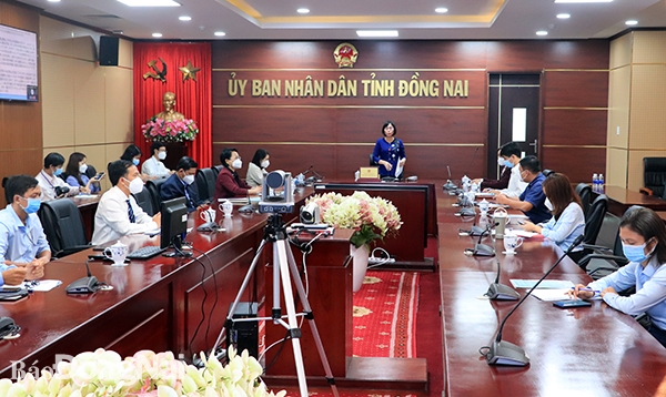 Phó chủ tịch UBND tỉnh Nguyễn Thị Hoàng phát biểu tại Hội nghị giao thương trực tuyến với doanh nghiệp Nhật Bản