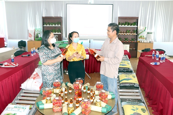 Ông Trần Quang Tính giới thiệu các sản phẩm chế biến của Trang Trại Việt. Ảnh: B.Nguyên