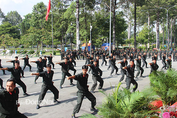 Lực lượng Cảnh sát cơ động dự bị chiến đấu tham gia biễu diễn một số động tác võ thuật tại buổi lễ. Ảnh: Trần Danh