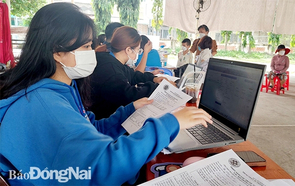 Tình nguyện viên nhập liệu thông tin tiêm chủng của người dân lên hệ thống tiêm chủng quốc gia.