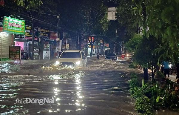 Đường Đồng Khởi (TP.Biên Hòa) ngập nặng trong cơn mưa chiều 16-11. Ảnh: Thành Nhân 