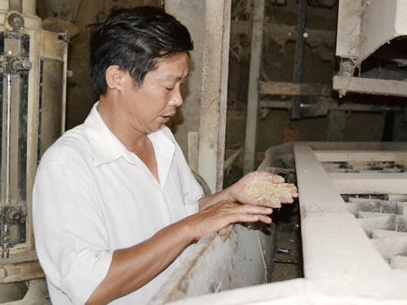 Ông Thuận đang kiểm tra gạo ở nhà máy. Ảnh: V.N