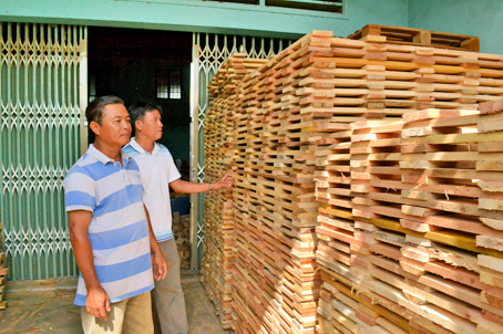 Một góc xưởng phôi gỗ dùng sản xuất pallet của Doanh nghiệp tư nhân Mai Hoa (phường Long Bình, TP.Biên Hòa).