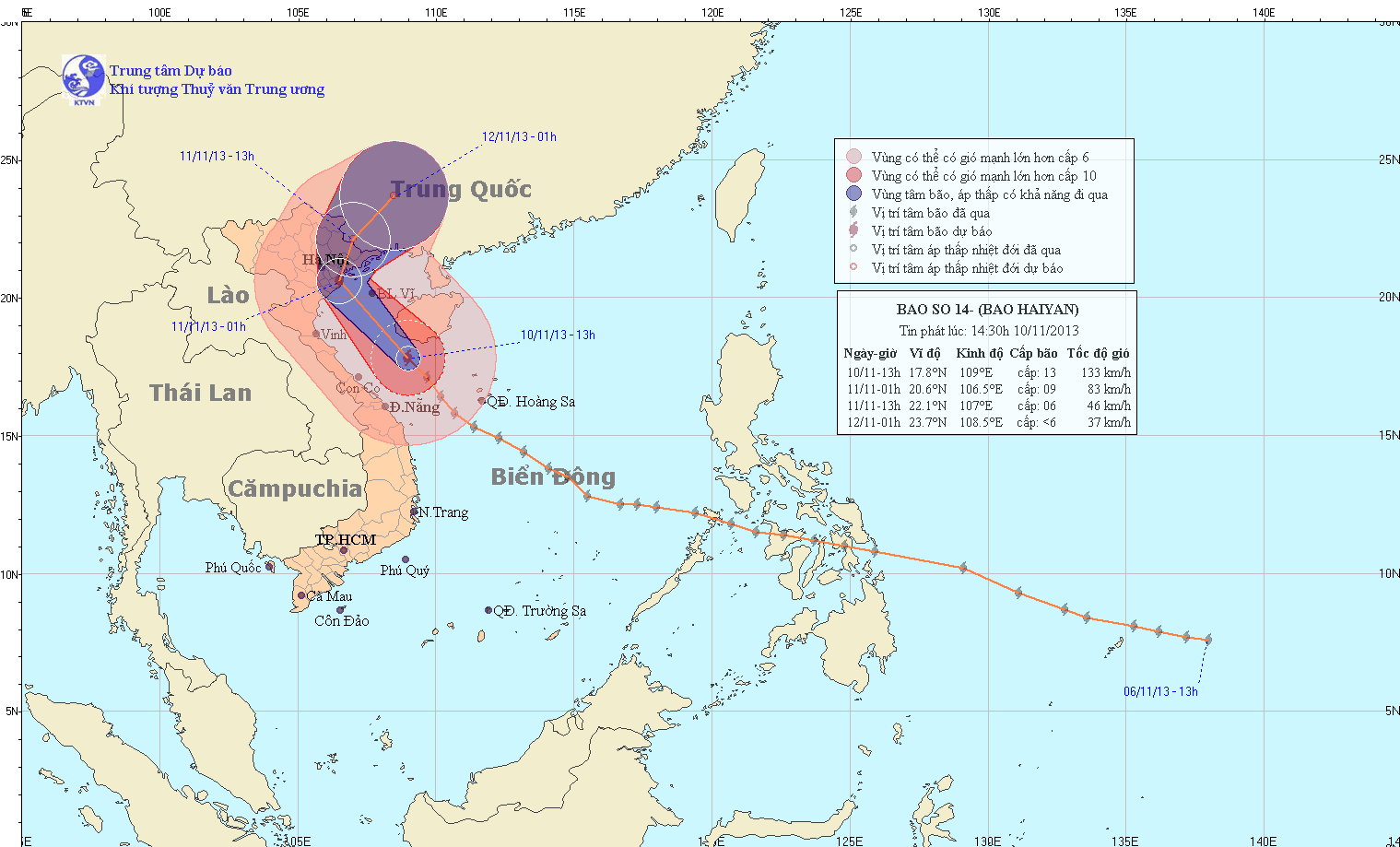 Đường đi và vị trí cơn bão số 14 lúc 14 gời, ngày 10-11 (ảnh: Trung tâm DBKTTVTW)