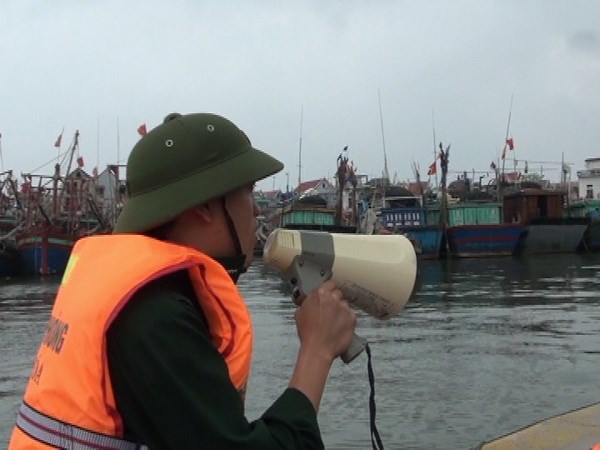 Lực lượng chức năng kêu gọi các ngư dân vào bờ. (Ảnh: Vietnam+)