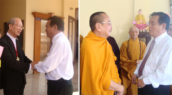 Bí thư Tỉnh ủy Trần Đình Thành thăm và chúc tết Tòa Giám mục Xuân Lộc (ảnh trái) và Ban Trị sự Giáo hội Phật giáo tỉnh