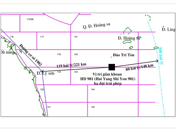 Bản đồ xác định vị trí giàn khoan HD-981của Tổng Công ty dầu khí Hải dương Trung Quốc nằm bất hợp pháp trong vùng đặc quyền kinh tế, thềm lục địa của Việt Nam. (Ảnh do Tập đoàn Dầu khí Việt Nam cung cấp)