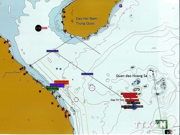Sơ đồ thể hiện đường di chuyển của giàn khoan Hải Dương-981 đến rạng sáng 16/7. (Nguồn: TTXVN)