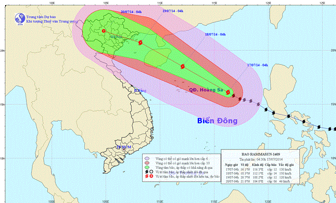 Đường đi của bão số 2 có tên Rammasun (Nguồn: TTDBKTTV)
