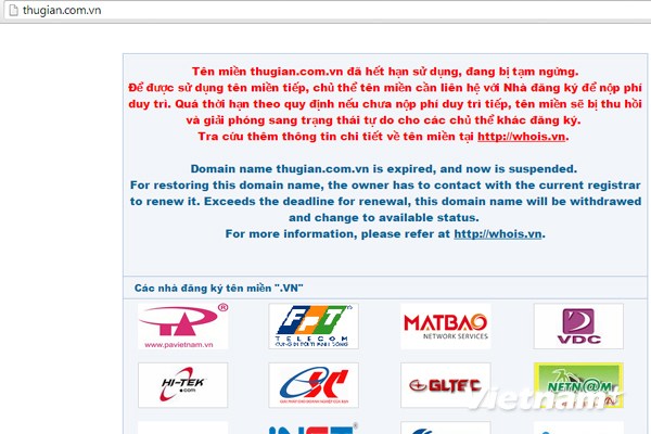 Giao diện website thugian.com.vn sau khi có quyết định thu hồi của cơ quan chức năng. (Ảnh chụp màn hình: Vietnam+)