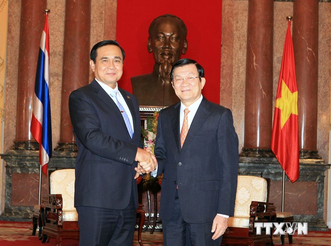 Chủ tịch nước Trương Tấn Sang tiếp Thủ tướng Vương quốc Thái Lan Prayuth Chan-ocha. (Ảnh: TTXVN)