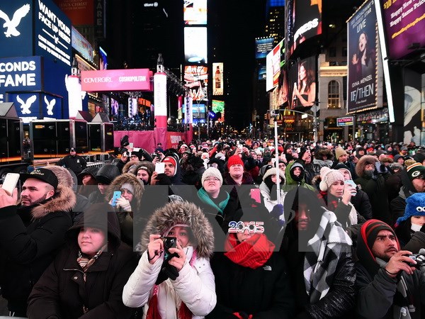  Người dân đón năm mới 2015 trên Quảng trường Thời đại, thành phố New York, Mỹ ngày 1/1/2015. (Nguồn: AFP/TTXVN)