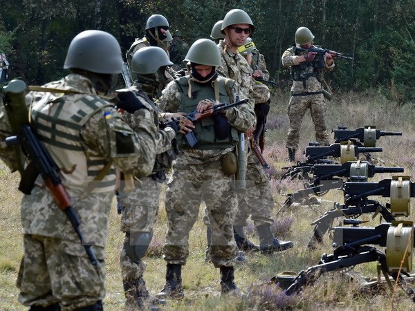 Lính dù thuộc sư đoàn không quân 95 của Ukraine tham gia diễn tập quân sự ở vùng Zhytomyr, cách Kiev khoảng 150km ngày 11/9. (Nguồn: AFP/TTXVN)