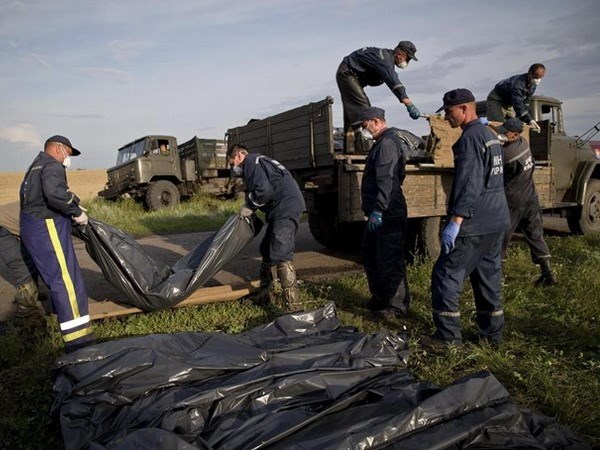 Các chuyên gia thu nhặt xác nạn nhân vụ rơi máy bay MH17. (Nguồn: AP)