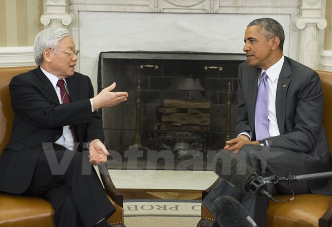 Tổng thống Hoa Kỳ Barack Obama hội đàm với Tổng bí thư Nguyễn Phú Trọng (Nguồn: AFP/Vietnam+)