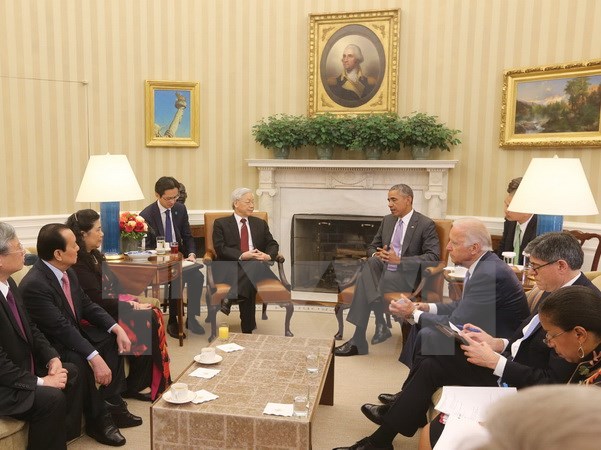 Tổng Bí thư Nguyễn Phú Trọng hội đàm với Tổng thống Hoa Kỳ Barack Obama. (Ảnh: TTXVN)