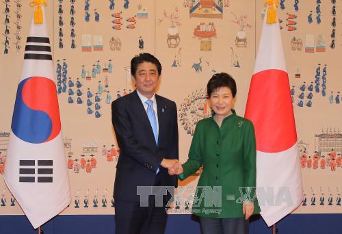 Ngày 2/11, tại Seoul, Tổng thống Hàn Quốc Park Geun-hye (phải) và Thủ tướng Nhật Bản Shinzo Abe bắt đầu cuộc gặp thượng đỉnh song phương lần đầu tiên trong suốt hơn 3 năm qua. Ảnh: Yonhap/TTXVN