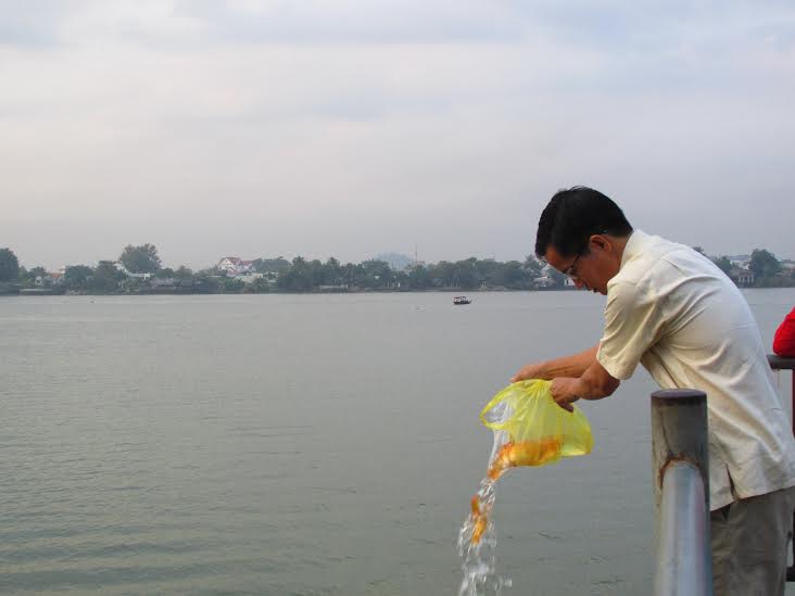 Mọi người tranh thủ thả cá từ sáng sớm để kịp đi làm.