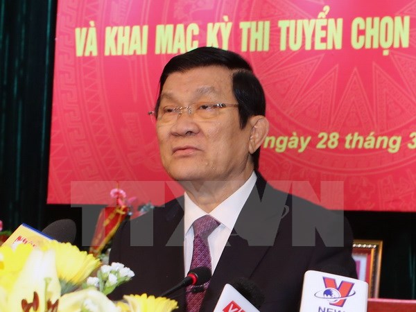 Chủ tịch nước Trương Tấn Sang dự Lễ Công bố Quyết định thành lập Học viện Tòa án ngày 28/3. (Ảnh: TTXVN)