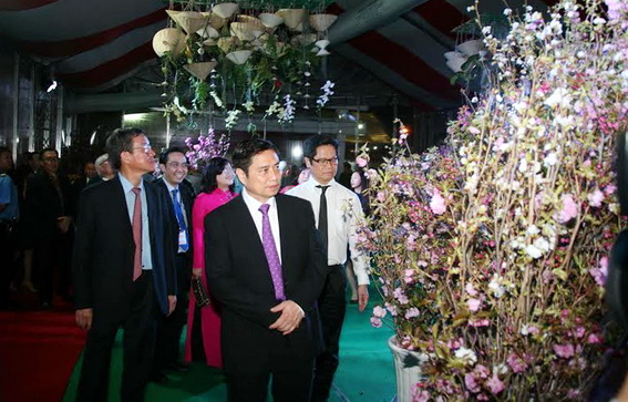 đồng chí Phạm Minh Chính, Ủy viên Bộ Chính trị, Trưởng Ban Tổ chức Trung ương (người đi đầu) tham quan hoa anh đào trưng bày tại lễ hội