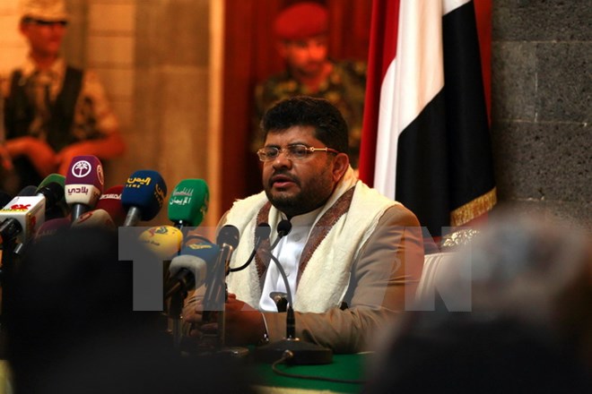  Đại diện của nhóm Houthi Mohammed Ali al-Houthi phát biểu trong cuộc họp báo ở Sanaa ngày 21/4. (Nguồn: AFP/TTXVN)