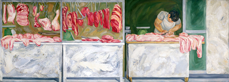 Tác phẩm Quầy thịt (sơn dầu trên bố, 150cm x 400cm, 2012) của Nguyễn Văn Đủ gửi dự thi.