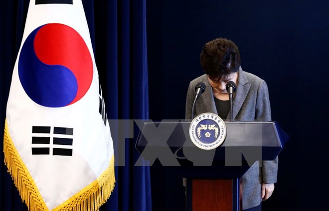 Tổng thống Park Geun-hye xin lỗi người dân trong bài phát biểu trực tiếp trên truyền hình về vụ bê bối chính trị liên quan đến người bạn thân Choi Soon-sil, tại Seoul ngày 29/11. (Nguồn: EPA/TTXVN)