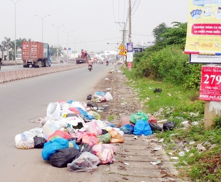 Bãi rác tự phát trên quốc lộ 51, đoạn gần chợ Long Thành. Ảnh: C.Tài