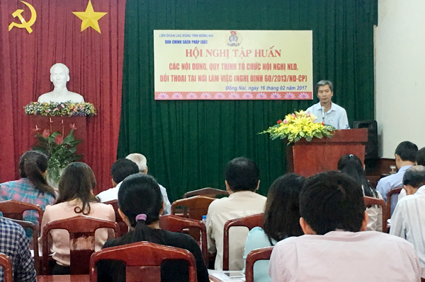 Phó chủ tịch Liên đoàn lao động tỉnh Hồ Thanh Hồng phát biểu tại buổi tập huấn.