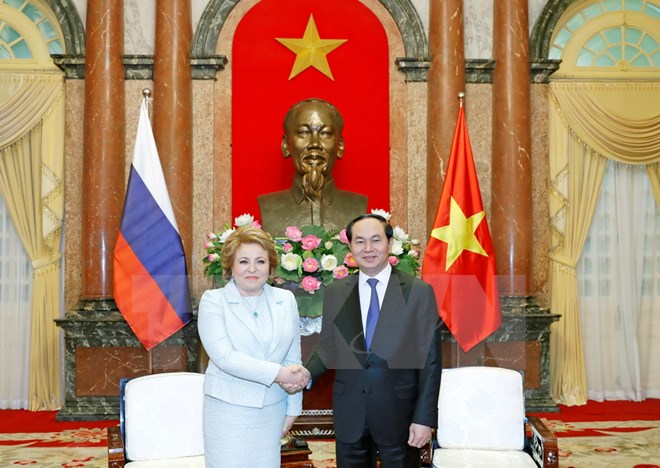 Chủ tịch nước Trần Đại Quang tiếp bà Valentina Ivanovna Matvienko, Chủ tịch Hội đồng Liên bang Nga đang thăm chính thức thức Việt Nam. (Ảnh: Nhan Sáng/TTXVN)