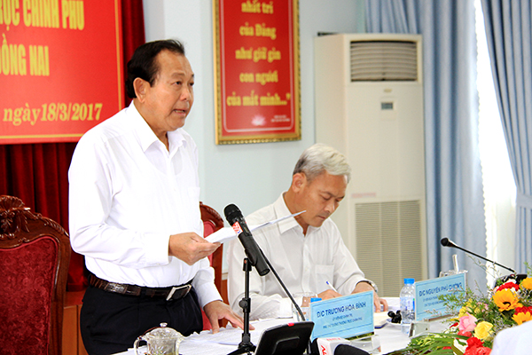 Phó thủ tướng thường trực Chính phủ Trương Hòa Bình phát biểu tại buổi làm việc Tỉnh ủy - HĐND - UBND - Ủy ban MTTQ Việt Nam tỉnh Đồng Nai