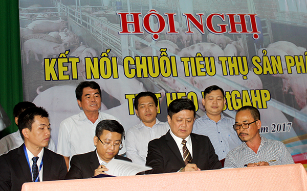 Đại diện của MM Mega Market Việt Nam ký kết bao tiêu heo VietGAHP của nông dân Đồng Nai. 