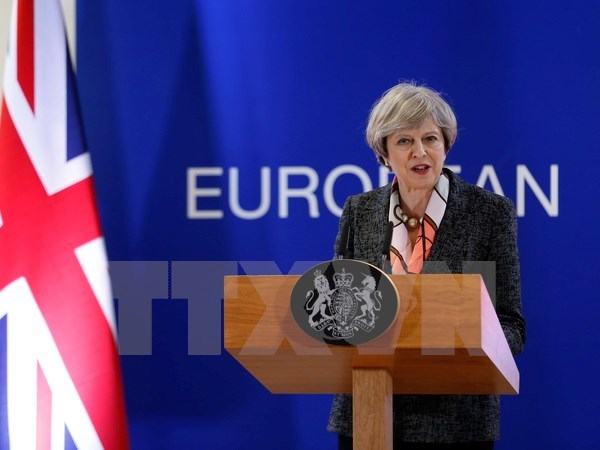 Thủ tướng Anh Theresa May phát biểu tại Hội nghị thượng đỉnh Liên minh châu Âu ở Brussels (Bỉ) ngày 9/3. (Nguồn: THX/TTXVN)