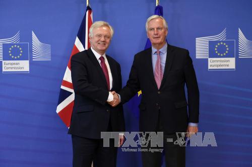 Bộ trưởng phụ trách Brexit của Anh David Davis (trái) và Trưởng đoàn đàm phán về Brexit của EU Michel Barnier tại cuộc đàm phán. Ảnh: AFP/TTXVN