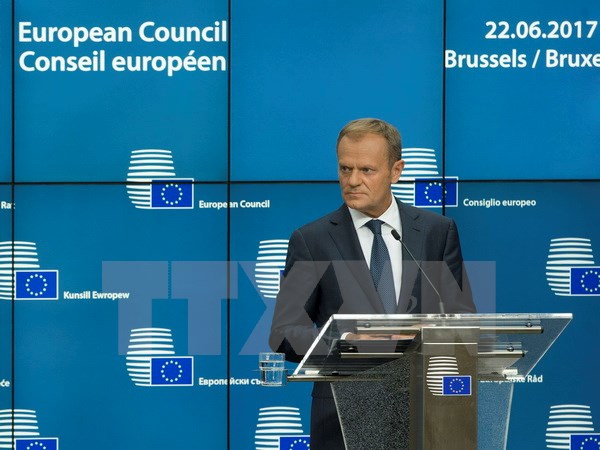Chủ tịch Hội đồng châu Âu Donald Tusk tại cuộc họp báo chung ở Brussels ngày 22/6. (Ảnh: EPA/TTXVN)