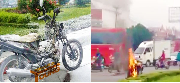 Chiếc xe máy anh Ngọc đã đốt cháy trụi phần đầu (Ảnh: BHY)